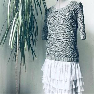 WILLI SMITH Crochet Silver Metallic Short Sleeve Top Size M